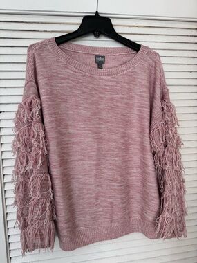 Soho Blush Pink Fringe-Sleeve Crewneck Sweater